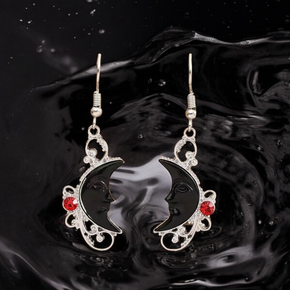 No Brand Jewelry - Hollow Synthetic Gemstone Black Moon Inlaid Red Rhinestone Drop Earrings Faux Fa